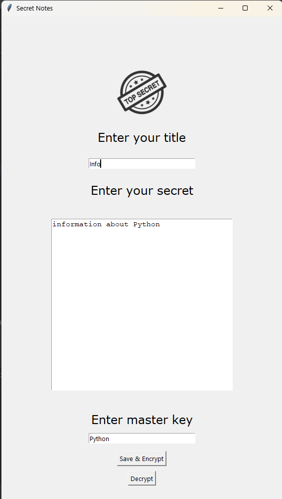 Screenshot of Secret Notes App